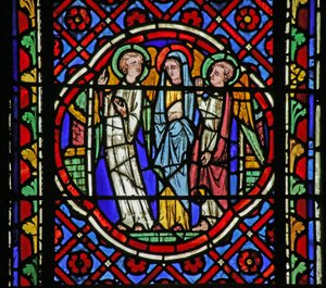 Vidriera que representa una escena de la vida de San Bonnet: la Virgen diciendo a los ángeles acompañantes que desea escuchar la misa celebrada en la iglesia de San Bonnet de French School